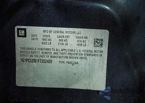 2015 Chevrolet Cruze 1Lt Auto from USA, damaged, VIN 1G1PC5SB1F7252429